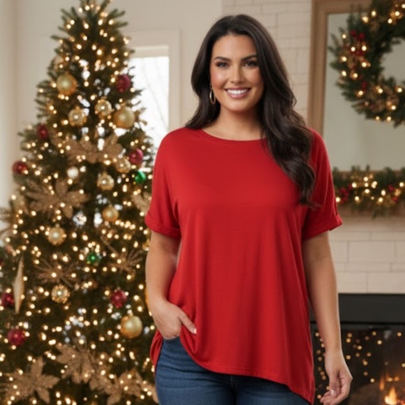 Crown & Ivy Casual Blouse Women’s XL Roll Sleeves Hi-Low Solid Red Dressy Casual - Picture 1 of 7